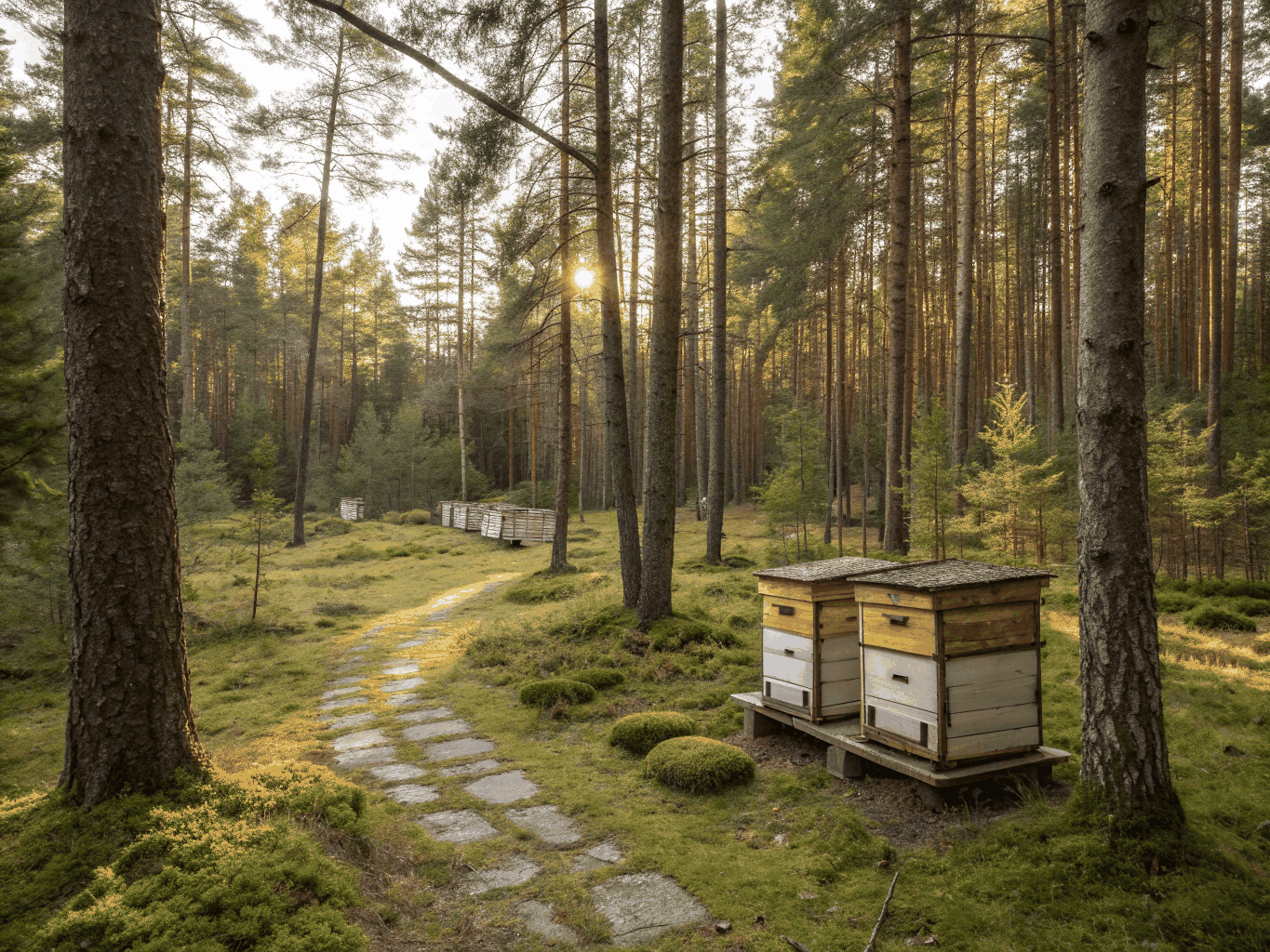 Gemütliche Liegestühle vor Bienenstöcken im Grünen