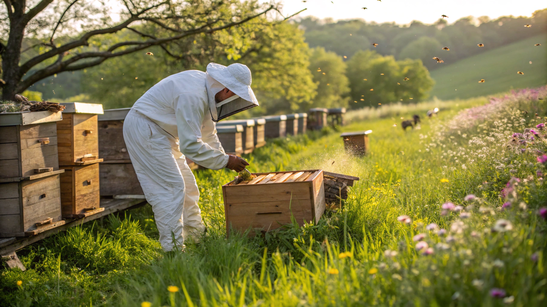 Imker bei der Honigernte an den Bienenstöcken mit Bienen