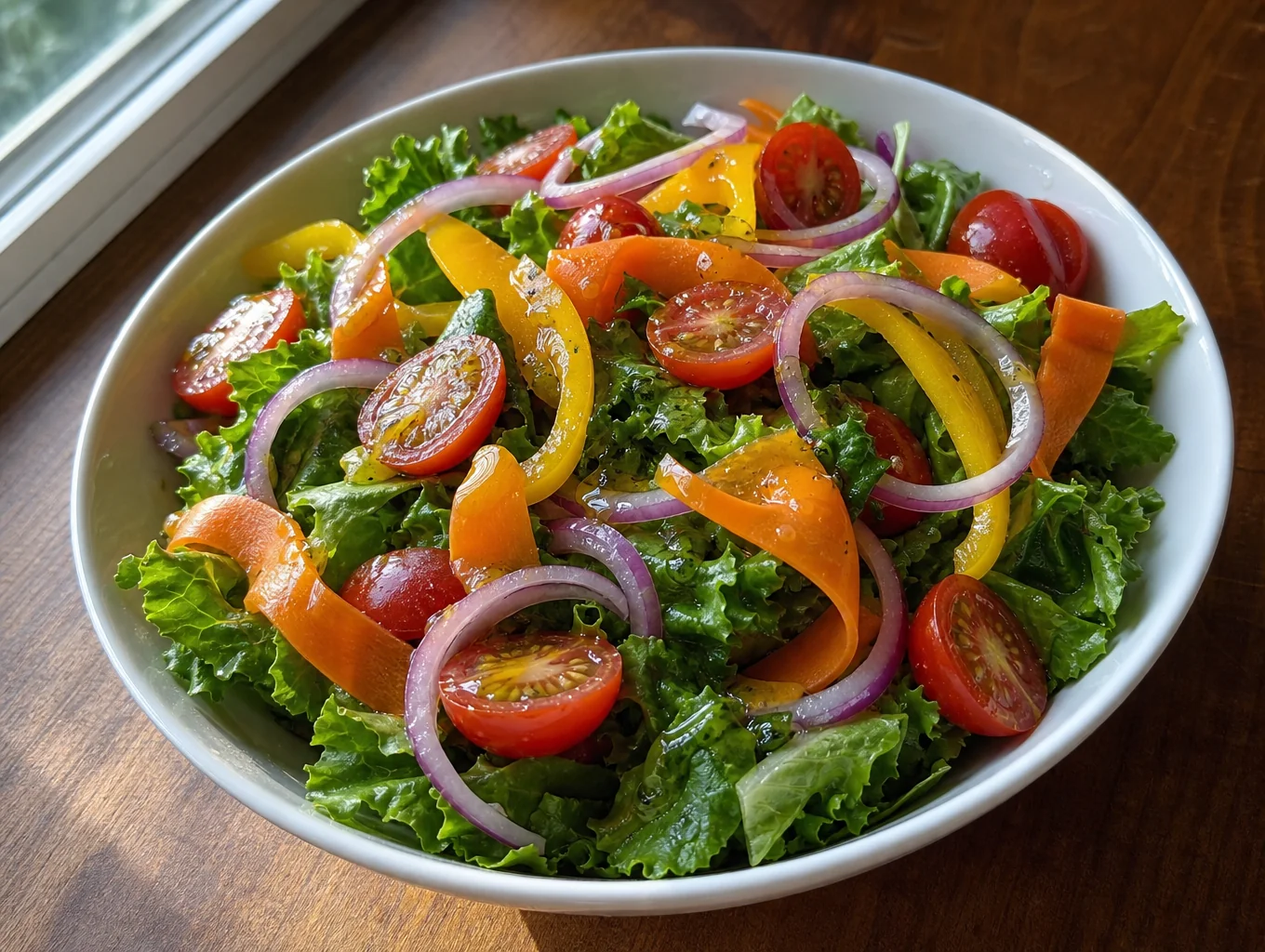 Honig-Senf-Dressing in einer Glasschale mit frischem Salat