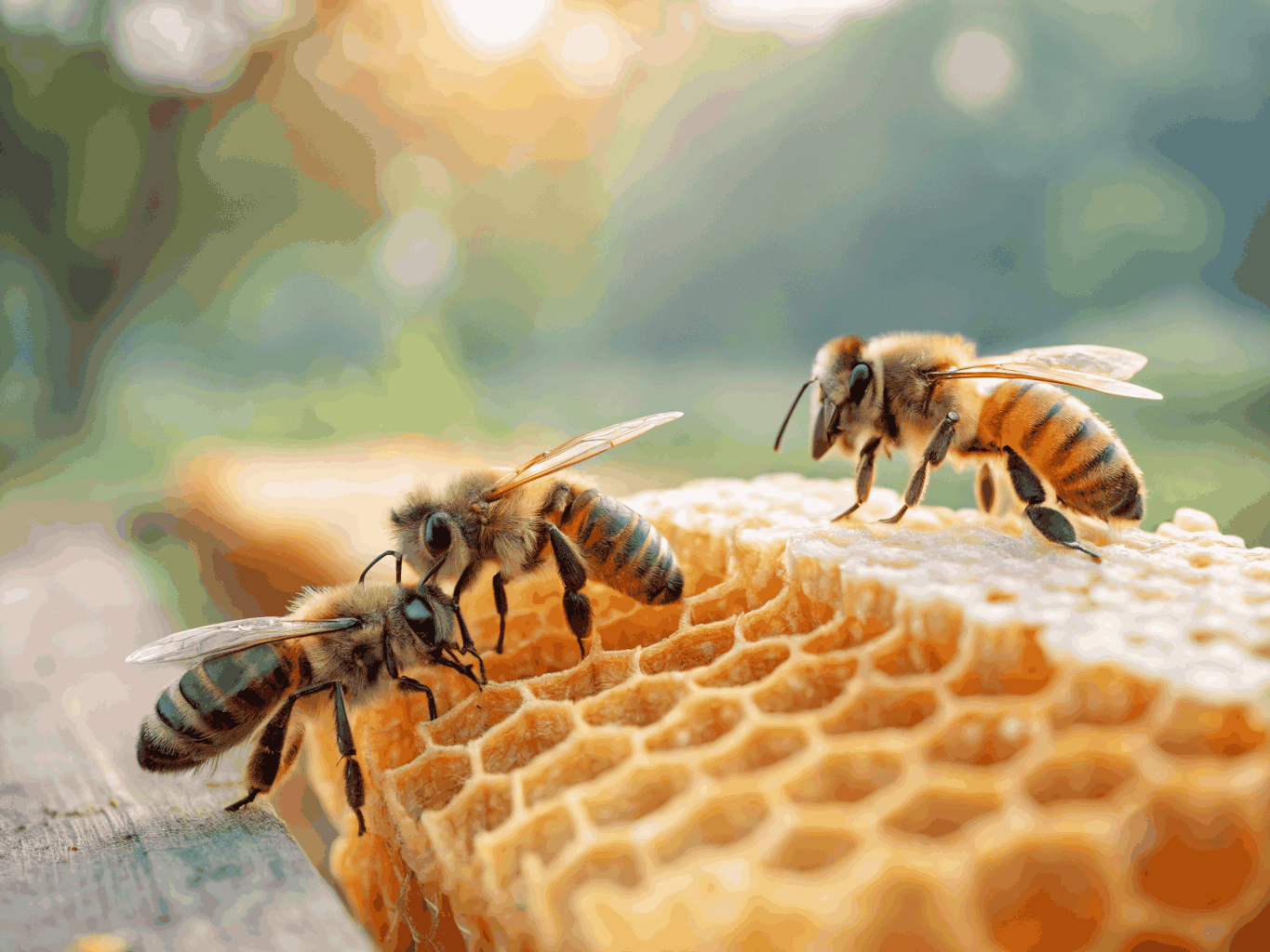 Bienen auf goldener Honigwabe mit tropfendem Honig