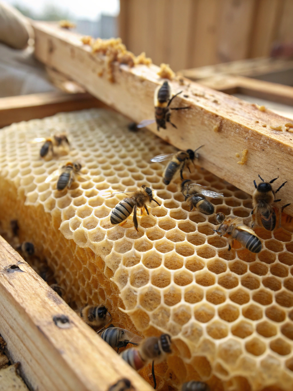 Bienen auf goldener Bienenwabe bei der Honigproduktion