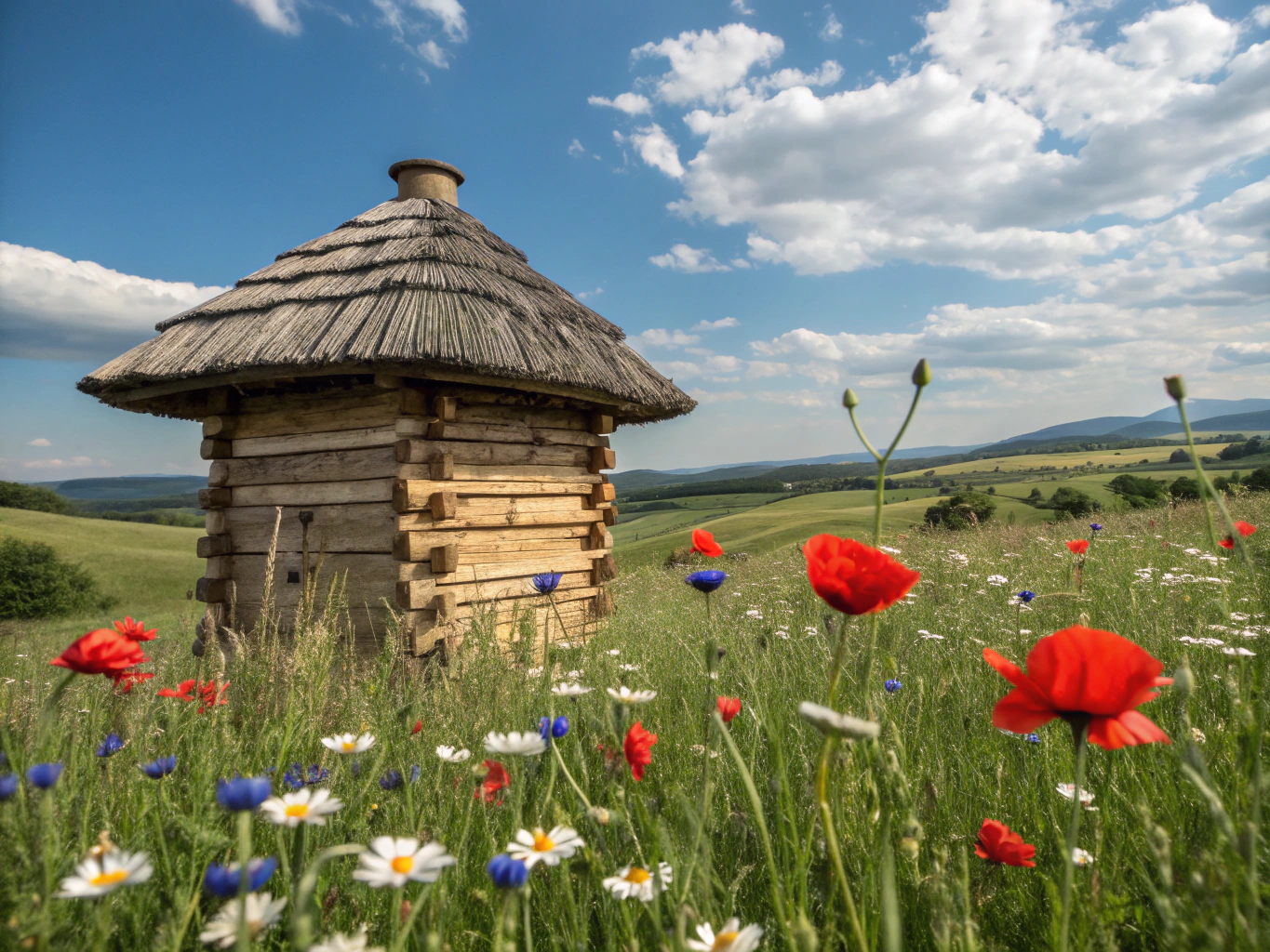 Bayerische Bienenkästen inmitten einer blühenden Wildblumenwiese bei München