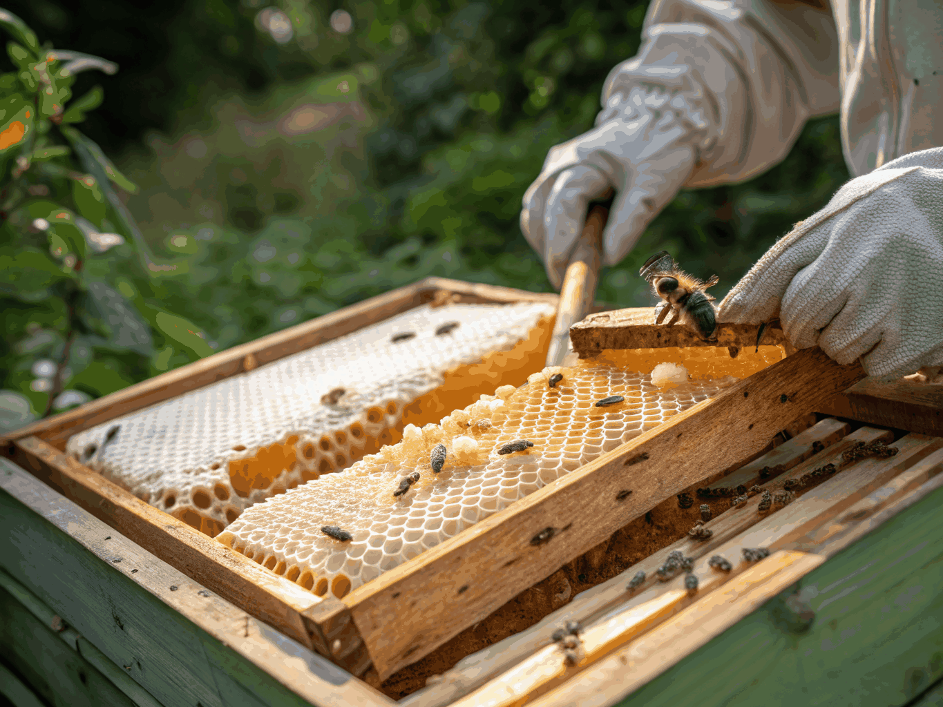 Hände halten Honigwabe mit Bienen