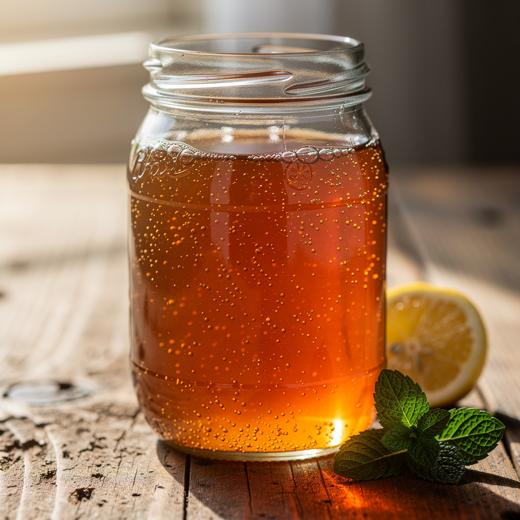 Glas prickelnder Kombucha mit Honig gesüßt